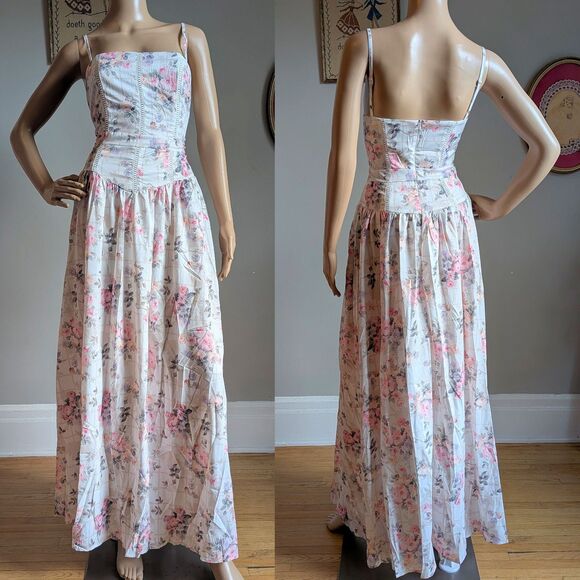 NWOT Floral Maxi Dress Drop Waist Gown Pink Cottagecore Size Medium - Picture 2 of 11